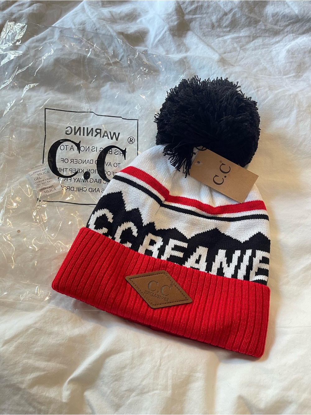 C.C Red Black White Pom Pom Beanie